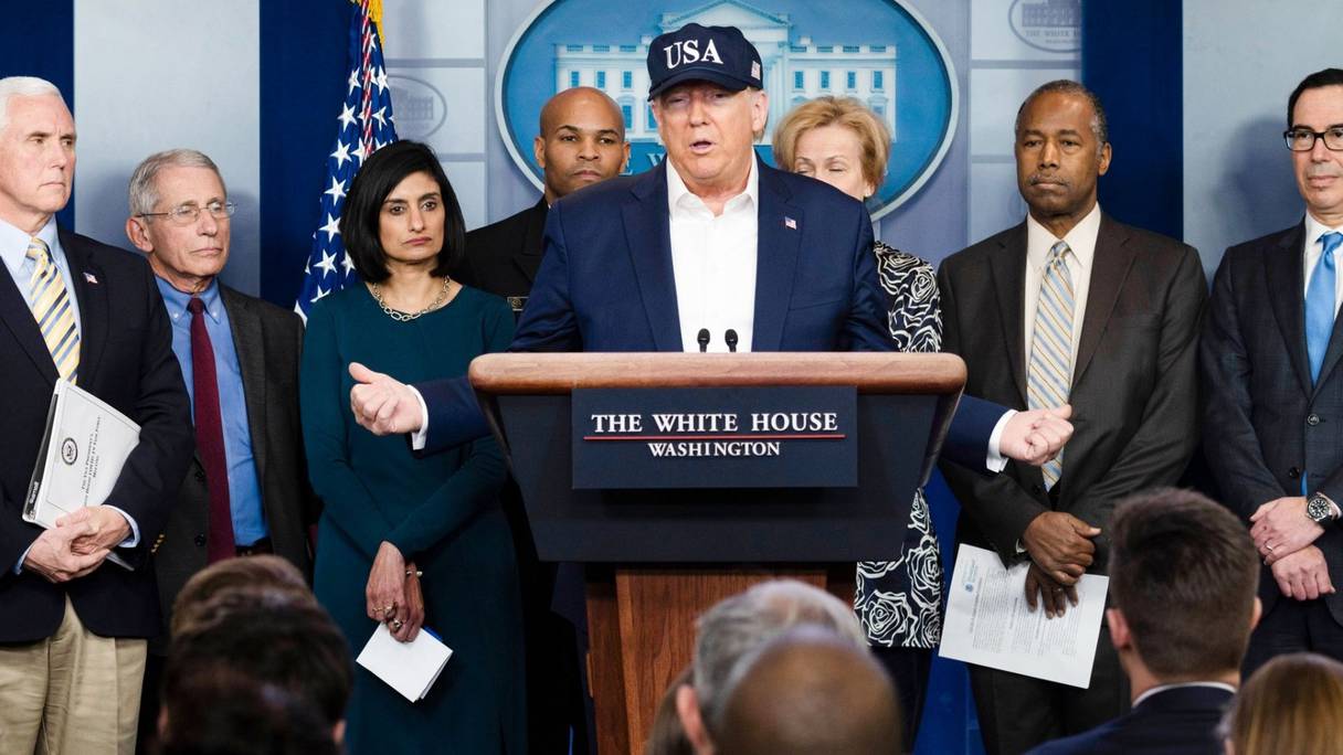 Le président américain Donald Trump, en conférence de presse à propos de l'épidémie de Covid-19, à la Maison Blanche, le samedi 14 mars 2020. 
