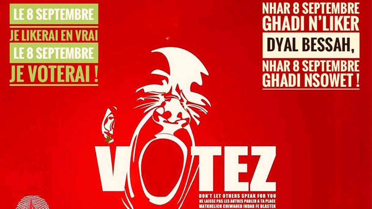 L'un des visuels de la campagne de sensibilisation "Le 8 Septembre je likerai en vrai, le 8 Septembre je voterai", initiée par l'association Marocains Pluriels. 
