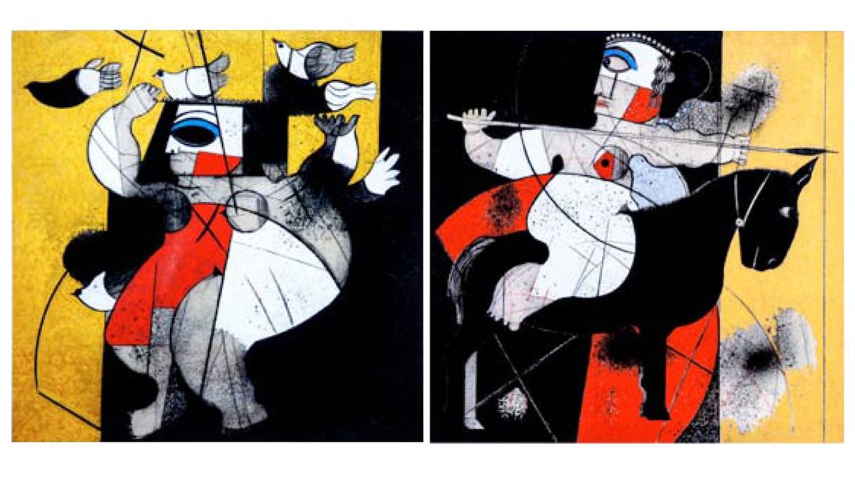 Œuvres de Saâd Ben Cheffaj: à gauche, "Mujer con palomas", litographie Ed58/150; à droite, "Amazonas", litographie Ed 48/99.
