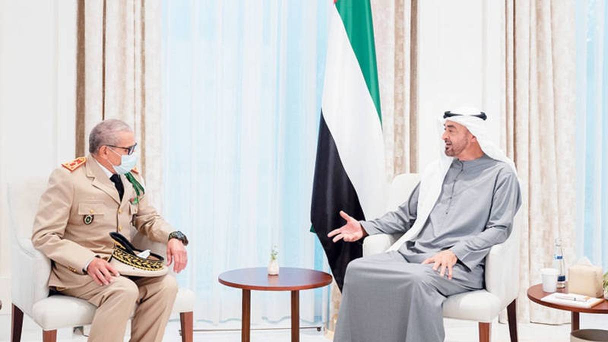 L'inspecteur général des Forces armées royales, Belkhir El Farouk, reçu le mardi 28 septembre 2021, par Mohamed Bin Zayed Al Nahyane, prince héritier des EAU.
