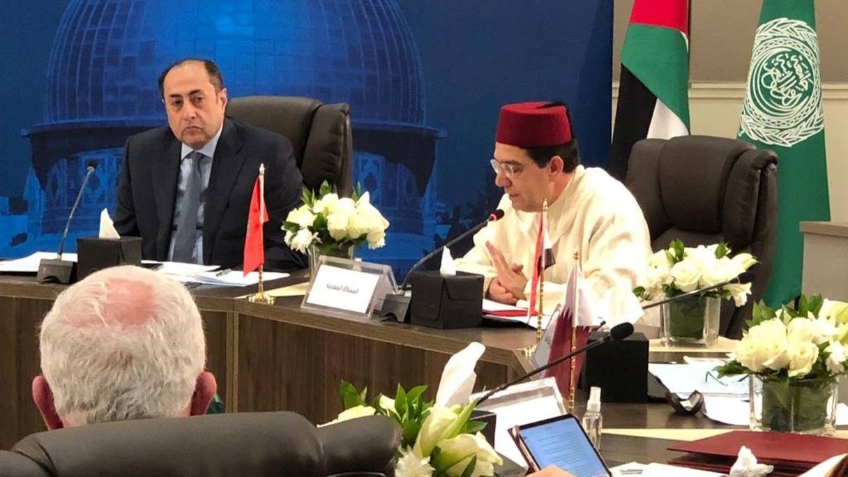 Le ministre des Affaires étrangères, Nasser Bourita, lors de son intervention à la réunion d'urgence du Comité ministériel arabe chargé de l’action internationale face aux politiques et mesures israéliennes illégales à Al-Qods occupée.
