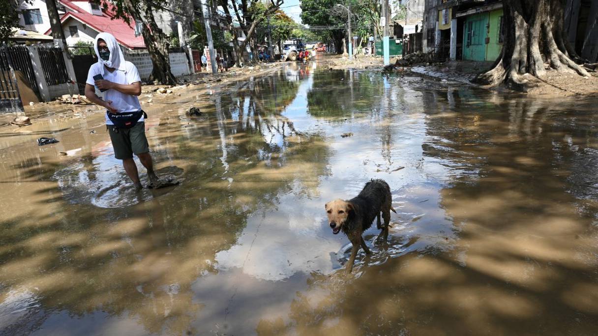 Un habitant de Manille marche avec son chien dans une rue inondée de son quartier, Marikina City, après le passage du typhon Vamco, dans la banlieue de la capitale des Philippines, le 13 novembre 2020. 
