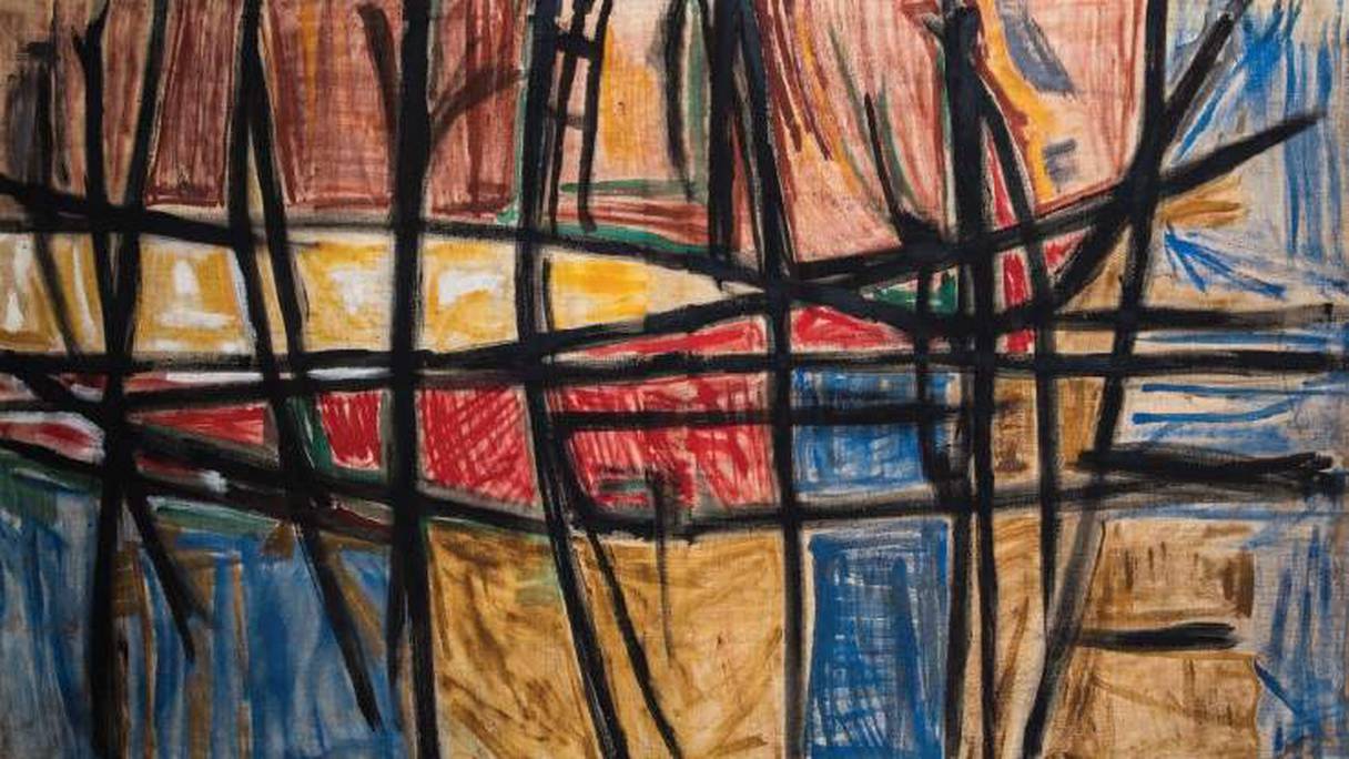 Jilali Gharbaoui, Sans titre, 1959, Huile sur toile - 96x160cm.  L'oeuvre a été vendue, mercredi  3 juin lors d'une vente aux enchères à l'hôtel de Drouot à 7,4 millions de dirhams.
