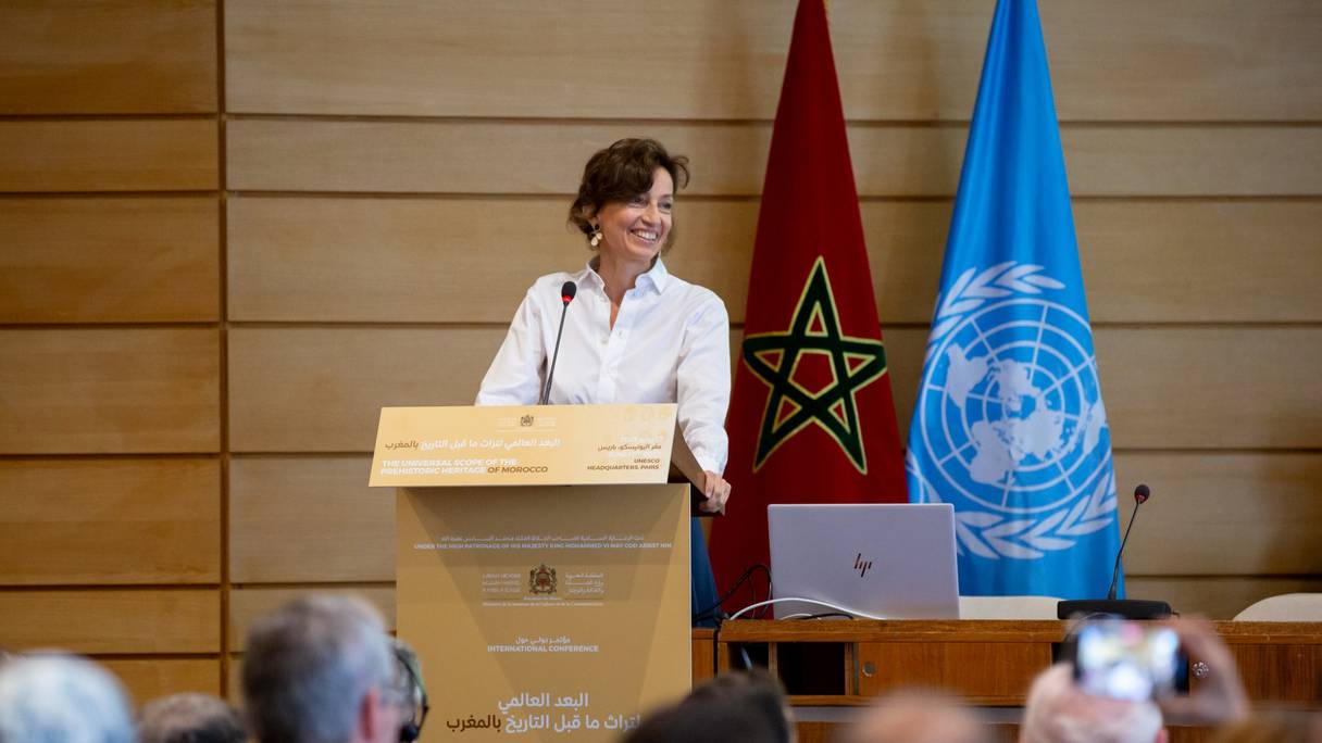 Audrey Azoulay, directrice générale de l'Unesco, prononce une allocution au cours d'une journée de célébration du patrimoine préhistorique du Maroc, le 17 juin 2022, au siège de l'organisation onusienne,  à Paris. 
