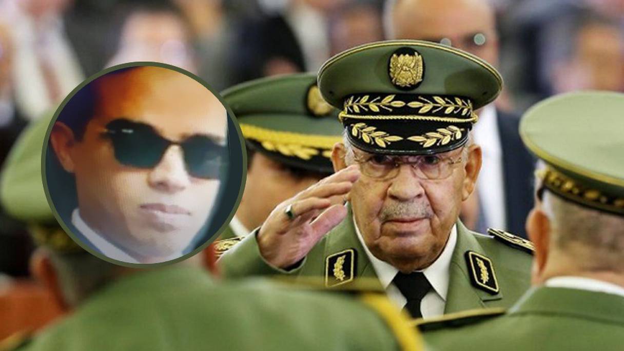 A droite, feu le général Ahmed Gaïd Salah. En médaillon, l’adjudant-chef Guermit Bounouira.
