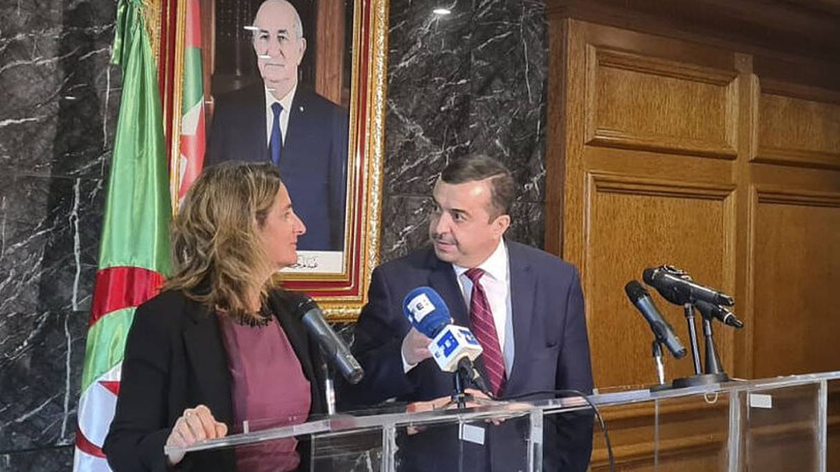 La ministre espagnole de la Transition écologique, Teresa Ribera, et son homologue algérien, Mohamed Arkab, le 27 octobre 2021, à Alger.
