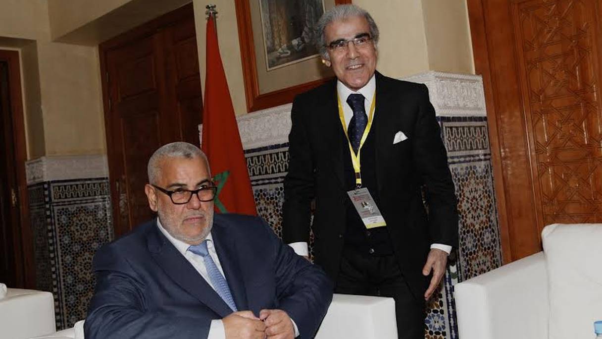 Abdellatif Jouahri, gouverneur de Bank Al-Maghrib, et Abdelilah Benkirane, Chef de gouvernement, le 18 février 2014 à Marrakech.
