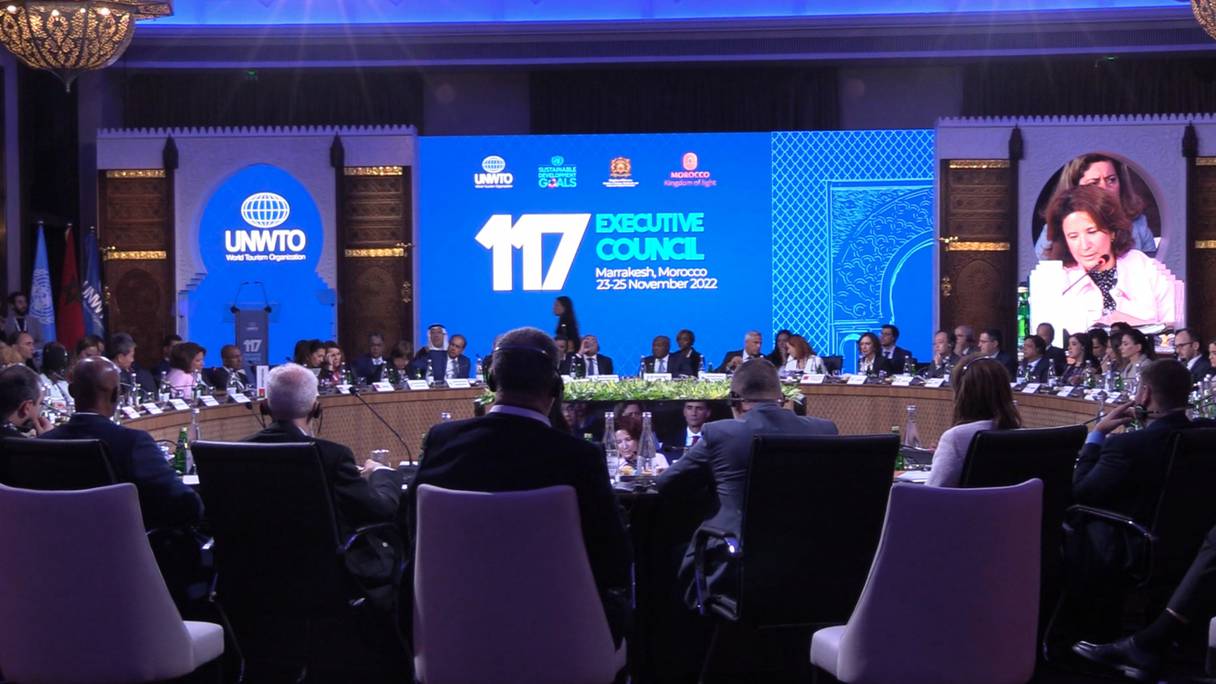 L'une des réunions des membres du Conseil exécutif de l’Organisation mondiale du tourisme -OMT, dont la 117e édition a eu lieu Marrakech, du 23 au 25 novembre 2022. 
