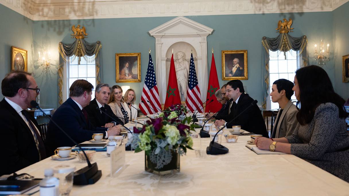 Lors de la rencontre entre le ministre des Affaires étrangères, Nasser Bourita, et le secrétaire d'Etat américain, Antony Blinken, lundi 20 mars 2023 à Washington.