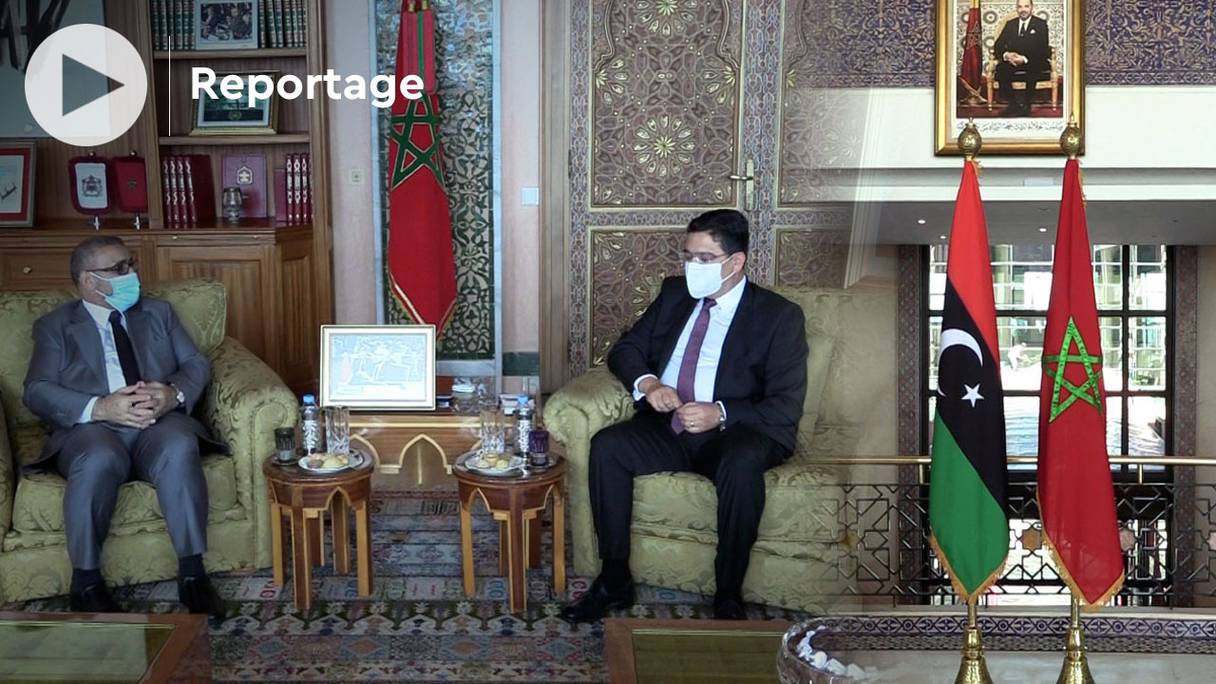 Khaled Mechri, président du Haut Conseil de l'Etat de Libye (deuxième Chambre parlementaire libyenne), avec Nasser Bourita, à Rabat.
