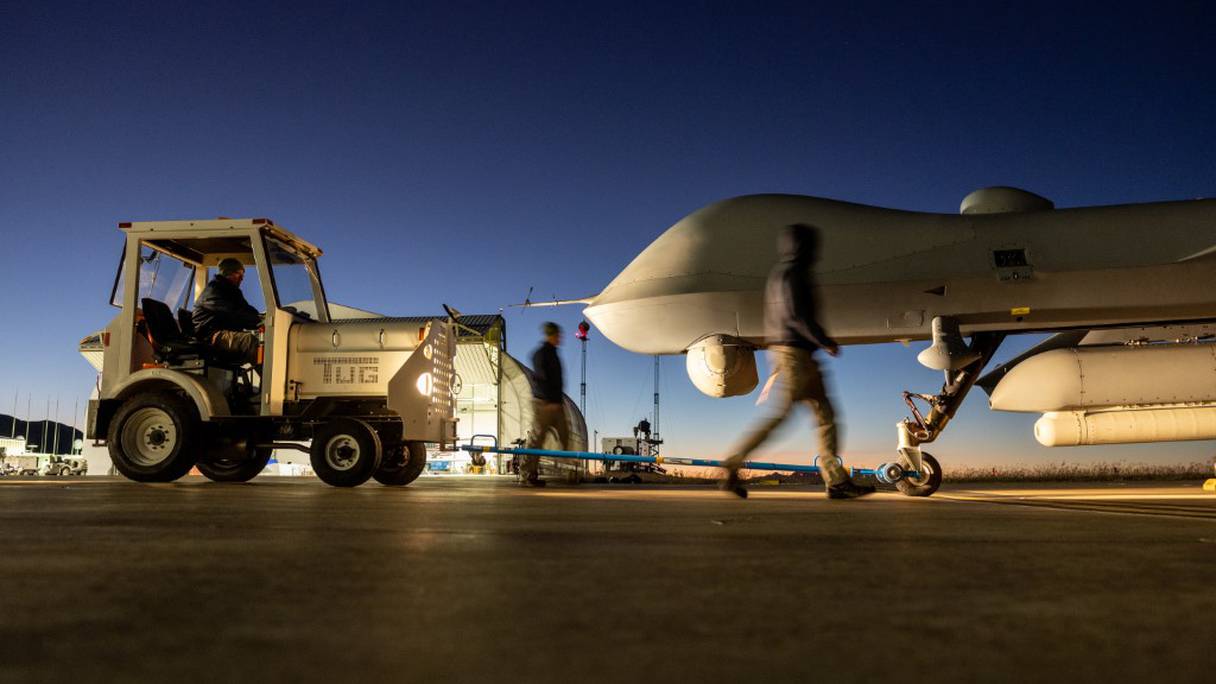 Un Reaper MQ-9 américain au retour d'une mission de surveillance des frontières USA-Mexique, en Arizona, le 4 novembre 2022.