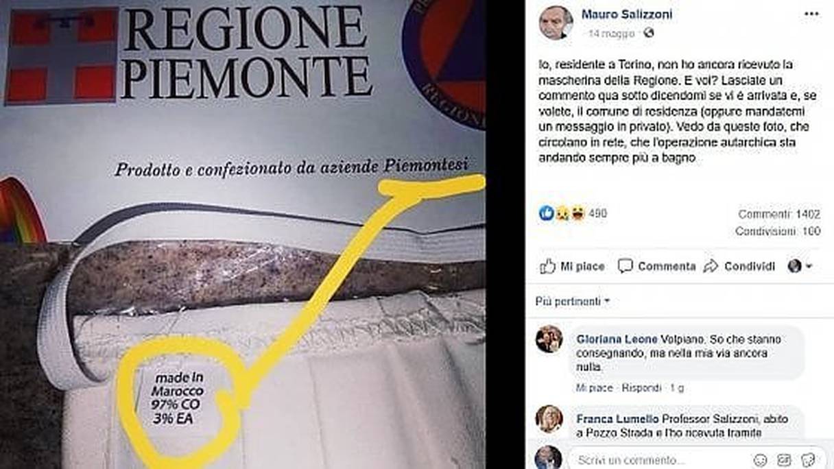 Post facebook pour dénoncer des masques italiens "Made in Morroco"
