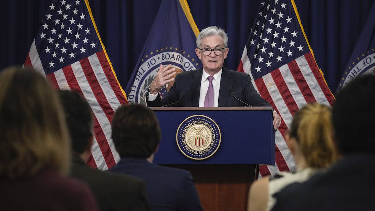 Le président de la Banque centrale américaine (Fed), Jerome Powell, lors d'une conférence de presse, le 27 juillet 2022 à Washington.
