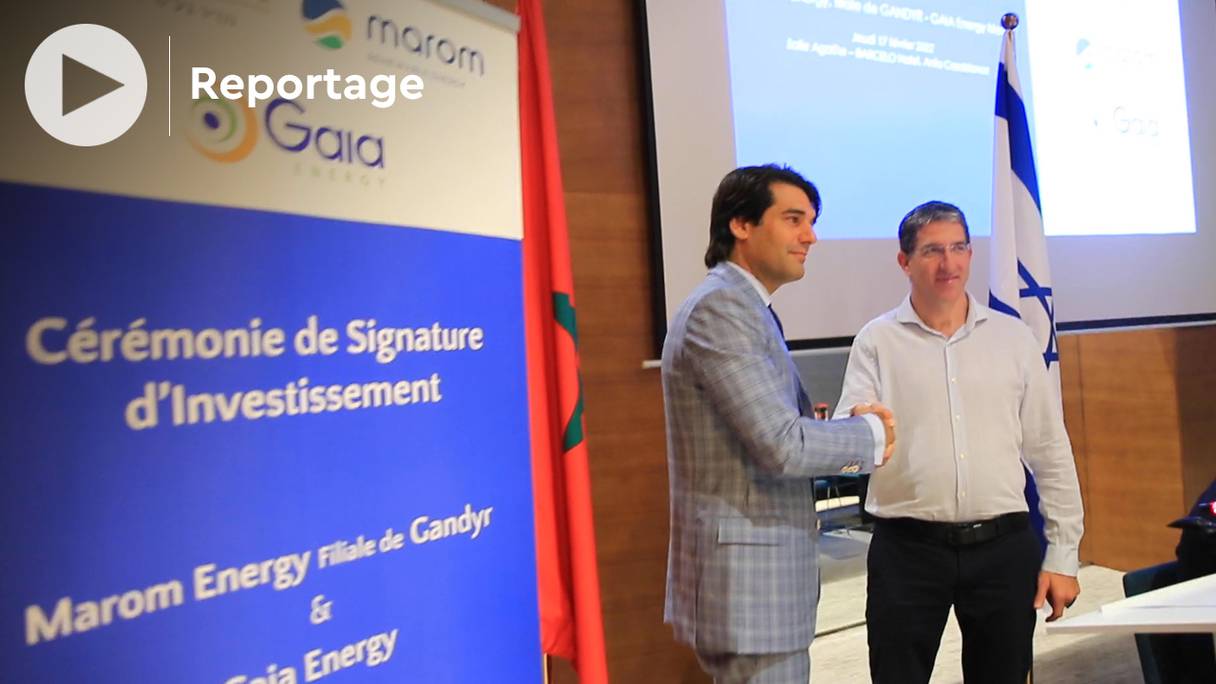 La cérémonie de signature de la convention de partenariat Gaia Energy (Maroc) et Marom, filiale du groupe Gandyr (Israël), jeudi 24 février 2022.
