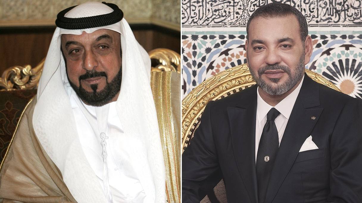 A gauche, Cheikh Khalifa Ben Zayed Al Nahyane, président des Emirats arabes unis, et à droite le roi Mohammed VI. (Photomontage)
