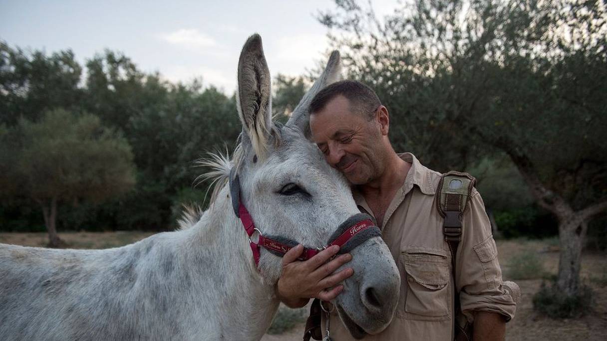Luis Manuel Bejarano, président de l'association "El Burrito Feliz", et un de ses ânes employés pour des séances de thérapie pour soignants.
