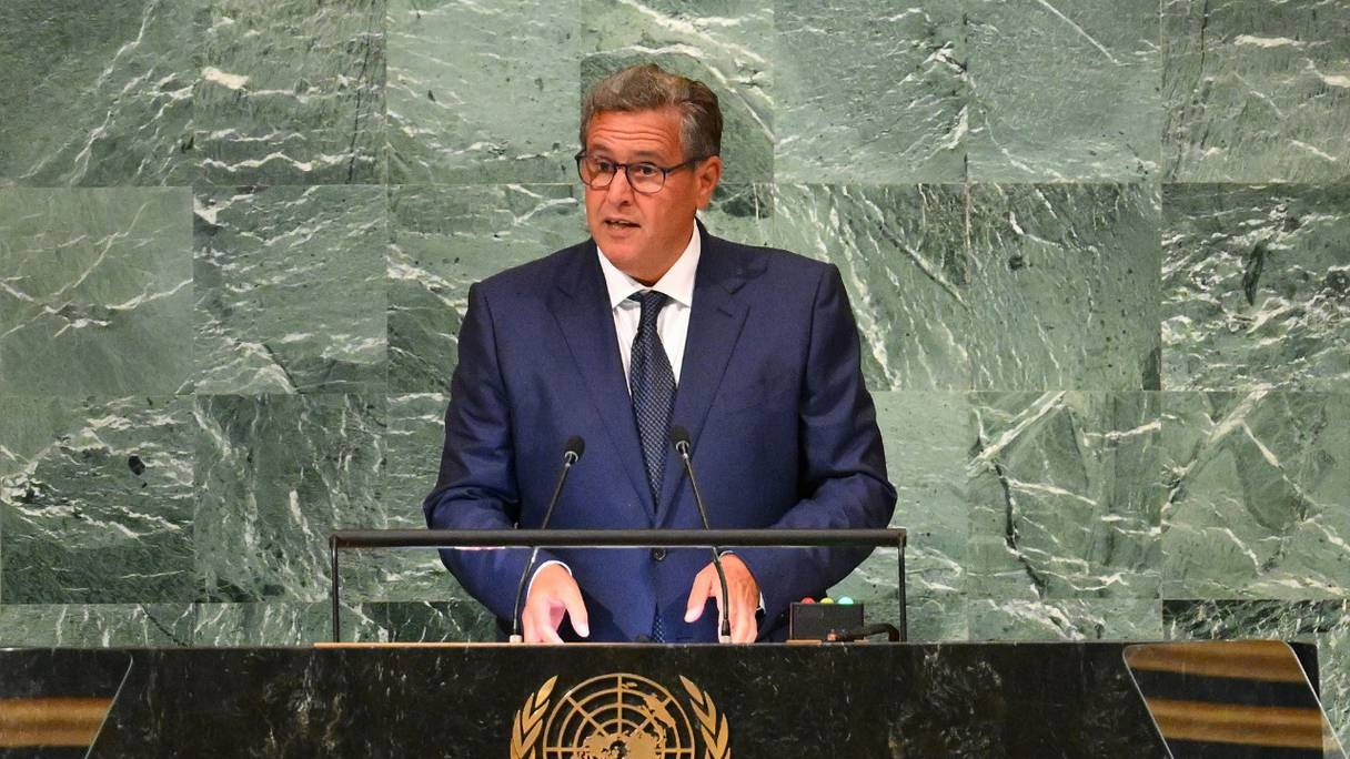 Le Chef du gouvernement, Aziz Akhannouch, s'adressant à la 77e session de l'Assemblée générale des Nations Unies, au siège de l'ONU à New York, le 20 septembre 2022.
