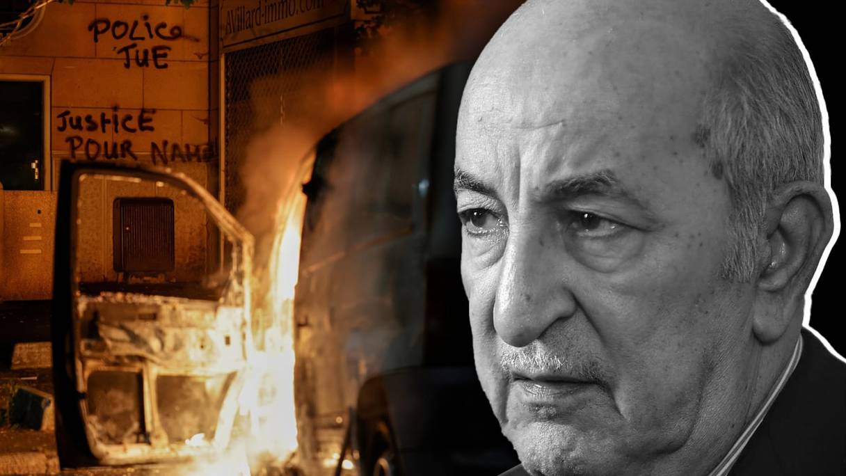 Montage: A gauche, incendie d'une voiture en France pendant les émeutes au lendemain de la mort du jeune Nahel. A droite le président algérien Abdelmadjid Tebboune.