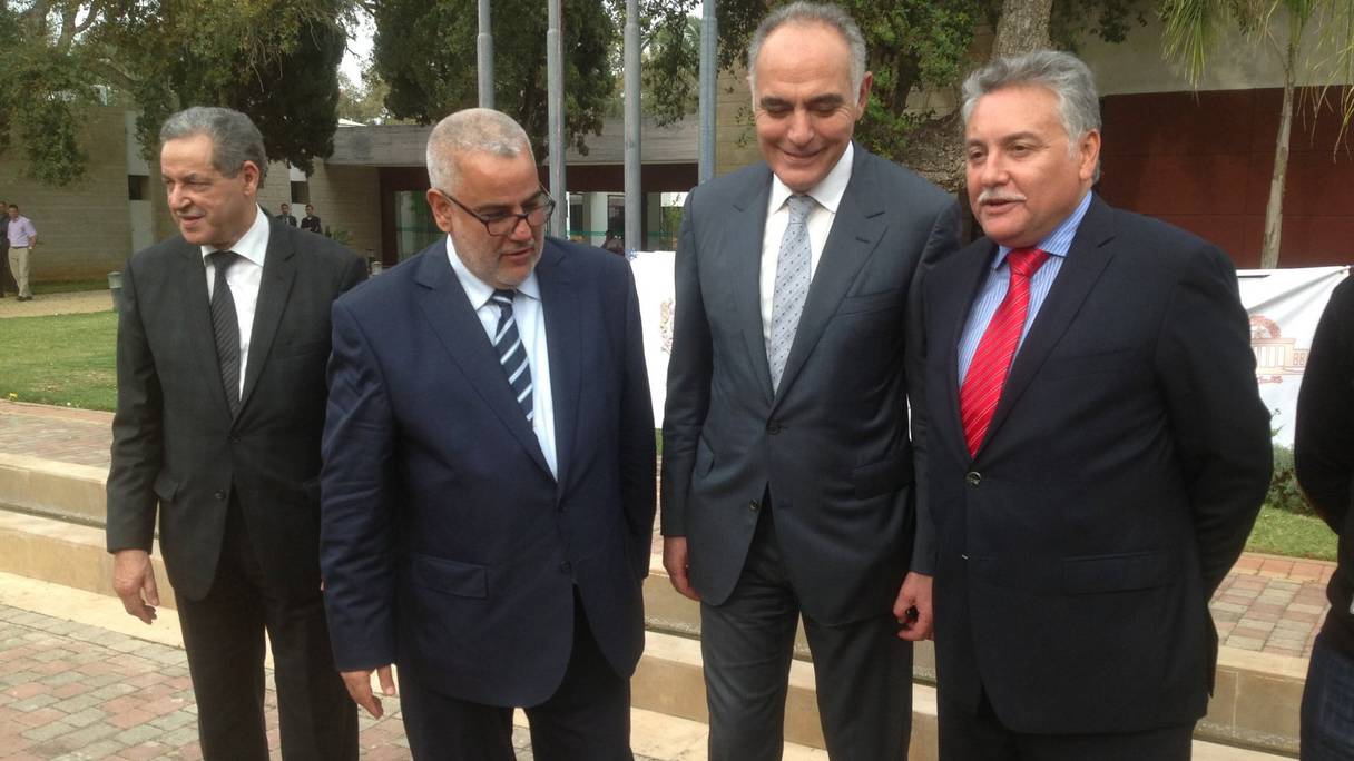 Mohand Laensar (MP), Abdelilah Benkirane (PJD), Salaheddine Mezouar (RNI), et Nabil Benabdellah (PPS), les chefs des quatre partis de la majorité gouvernementale.
