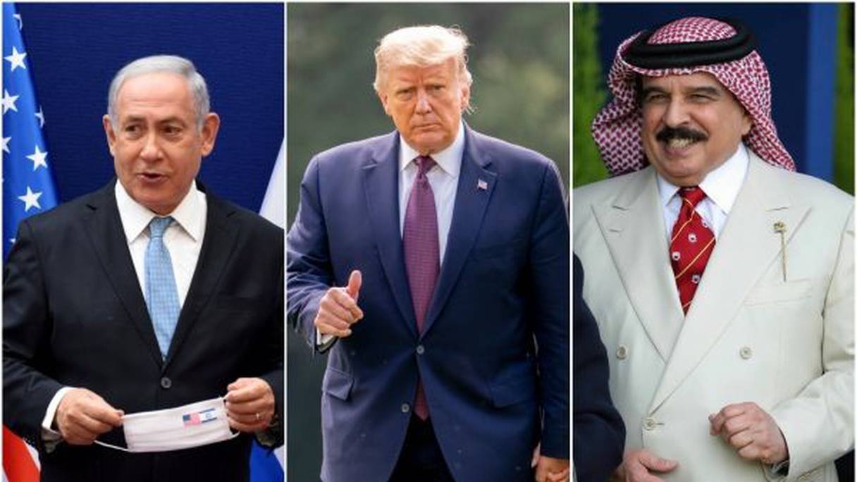 Benjamin Netanyahu, Donald Trump et Hamed ben Issa Al Khalifa . 
