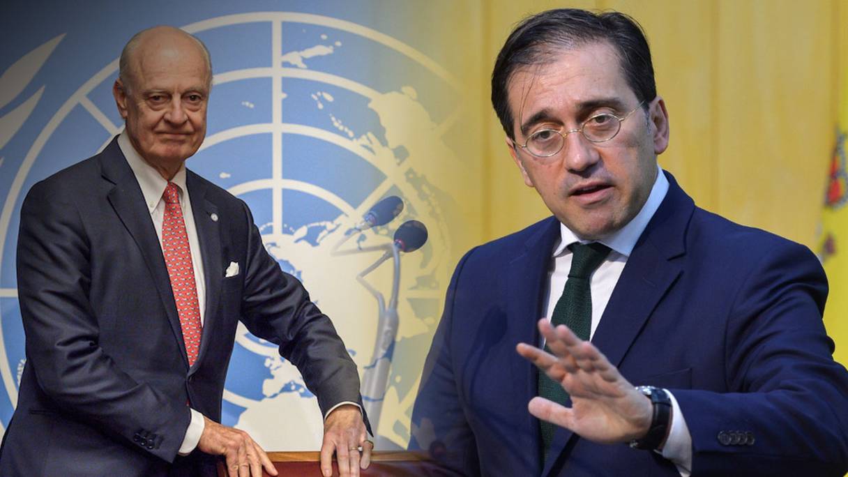 De g à d: Staffan de Mistura, envoyé spécial du SG de l'ONU pour le Sahara et José Manuel Albares, ministre espagnol des Affaires étrangères 
