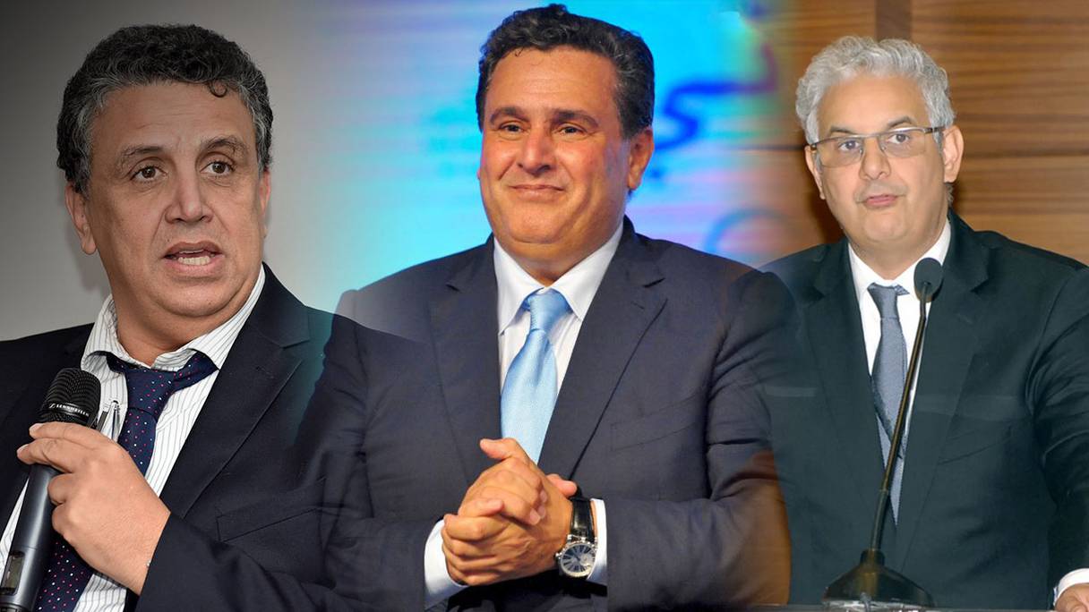 Abdellatif Ouahbi, secrétaire général du PAM, Aziz Akhannouch, président du RNI, et Nizar Baraka, secrétaire général de l'Istiqlal.
