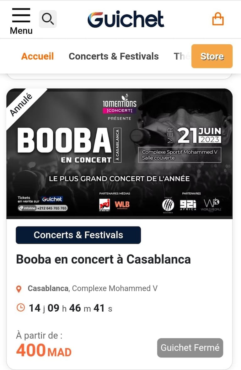 Capture d'écran, réalisée le 7 juin, de l'affiche du concert de Booba à Casablanca, sur le site Guichet.ma