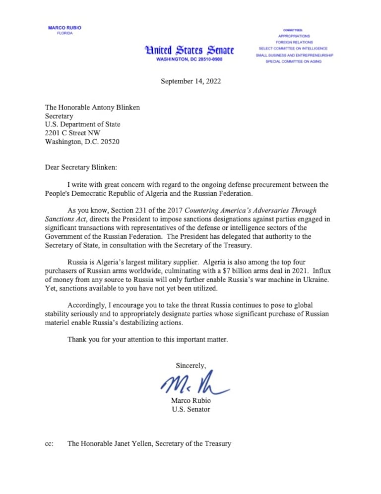 La lettre adressée par le sénateur républicain de Floride, Marco Rubio, à au secrétaire d'État Antony J. Blinken.
