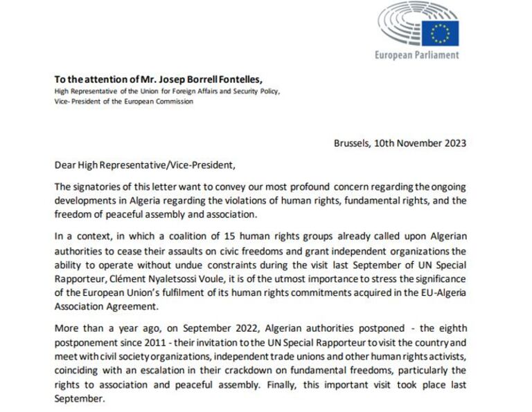 Extrait de la lettre des eurodéputés sur la situation des droits de l'Homme et des libertés en Algérie.