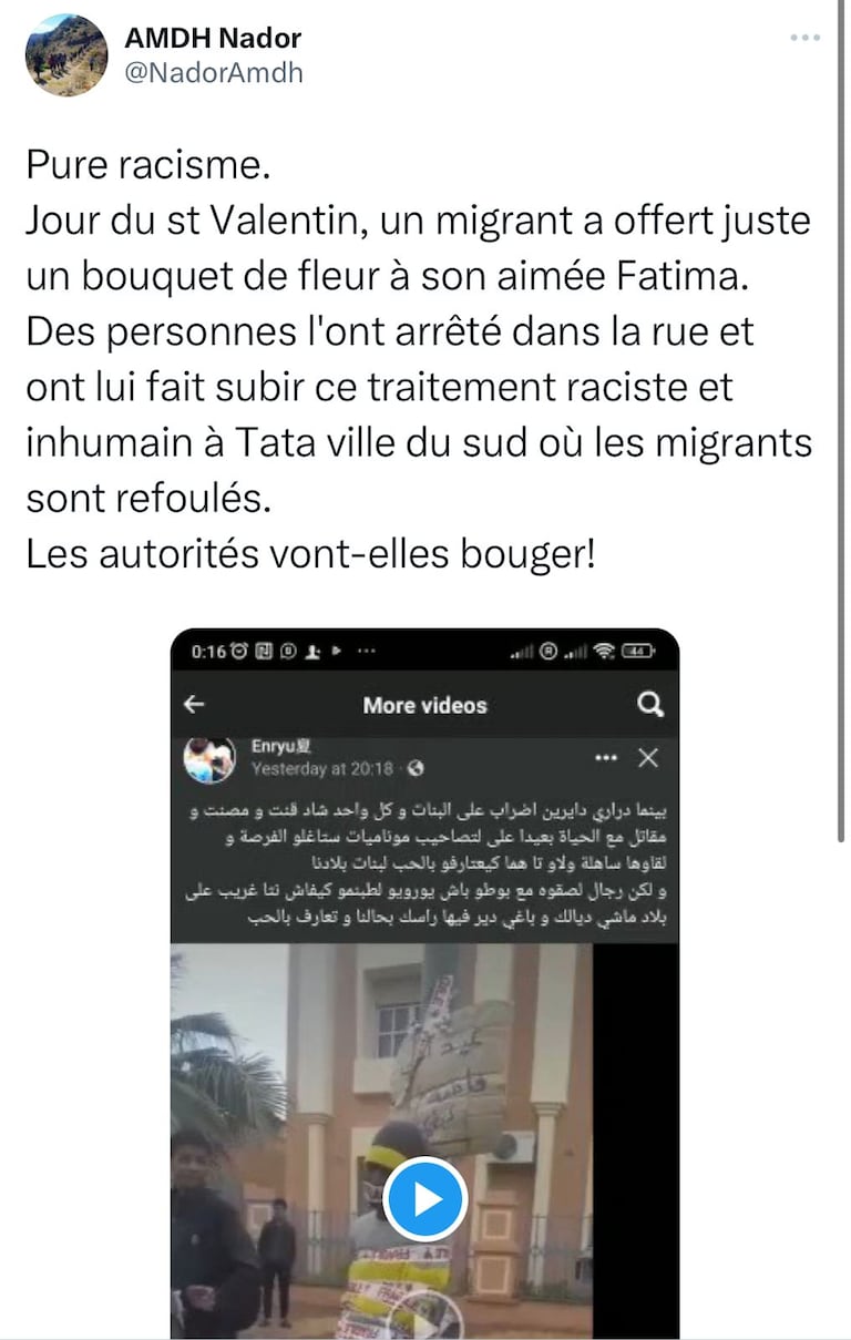 Sur sa page facebook, l'AMDH Nador a dénoncé, le 16 février, le racisme qui transparait dans une vidéo filmée au Maroc, où l'on aperçoit un homme noir ligoté à un poteau.