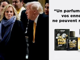 Donald Trump fait la promotion de son nouveau parfum,"Fight Fight Fight", en se servant d'une photo de lui avec Jill Biden.