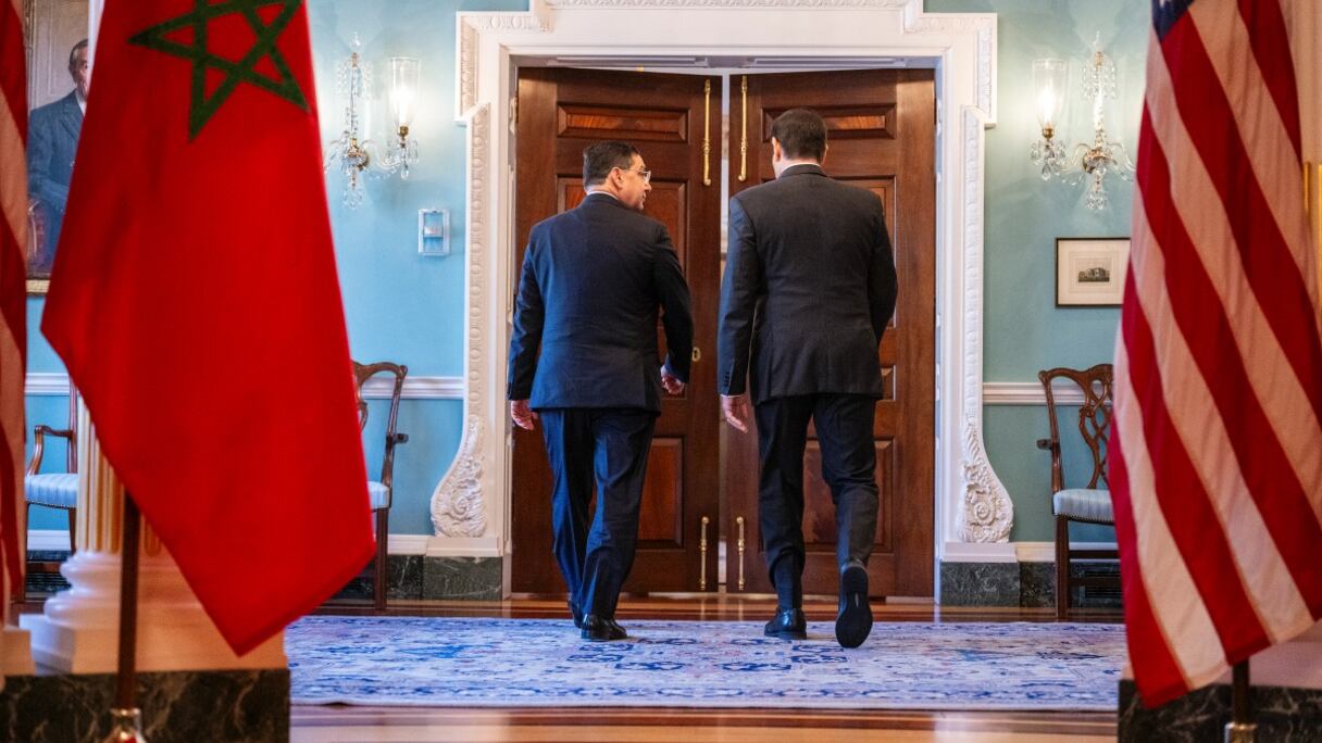 Le secrétaire d’État américain Marco Rubio aux côtés du ministre marocain des Affaires étrangères Nasser Bourita, lors de leur rencontre au département d’État à Washington, DC, le 8 avril 2025. (AFP).