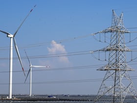 An electricity transmission tower and wind turbines are pictured at the Adani Green Renewable Energy Plant in Khavda, in India's Gujarat stUne tour de transmission d'électricité et des éoliennes sont photographiées à la centrale d'énergie renouvelable Adani Green en Inde, le 15 octobre 2024