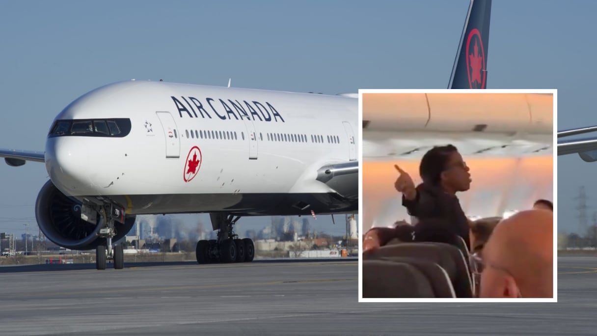 Un appareil Air Canada au sol. En fenêtre, la cheffe de cabine incriminée.