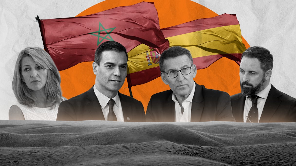 De gauche à droite: Yolanda Diaz (Sumar-Extrême-gauche), Pedro Sanchez (PSOE-Gauche), Alberto Núñez Feijóo (Parti populaire-Droite) et Santiago Abascal (Vox-Extrême-droite).