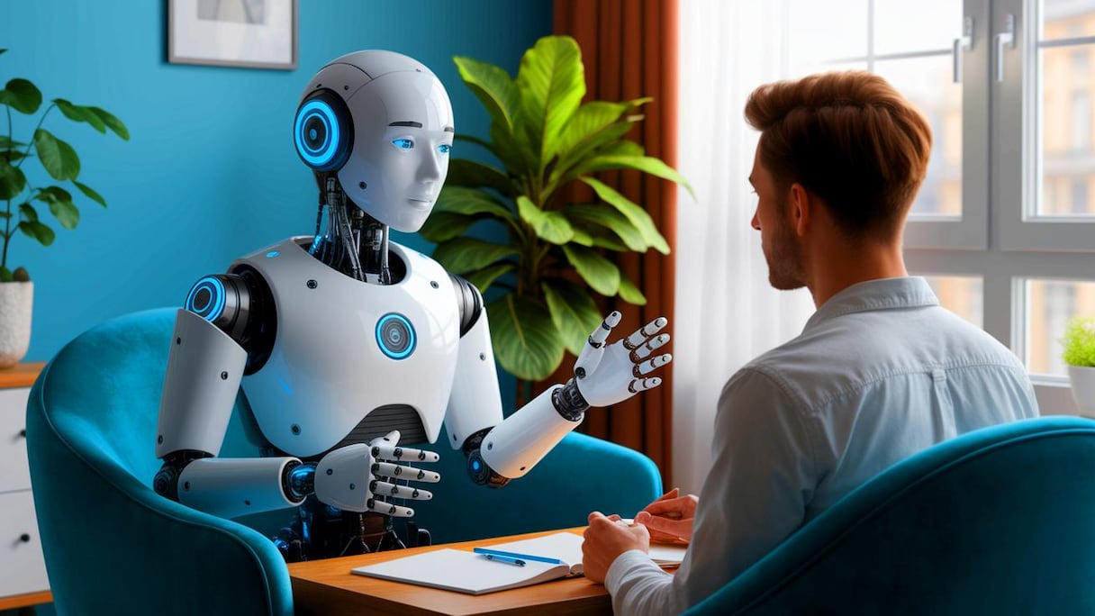 Un chatbot d'intelligence artificielle interagissant avec un utilisateur, symbolisant le futur de la thérapie numérique.