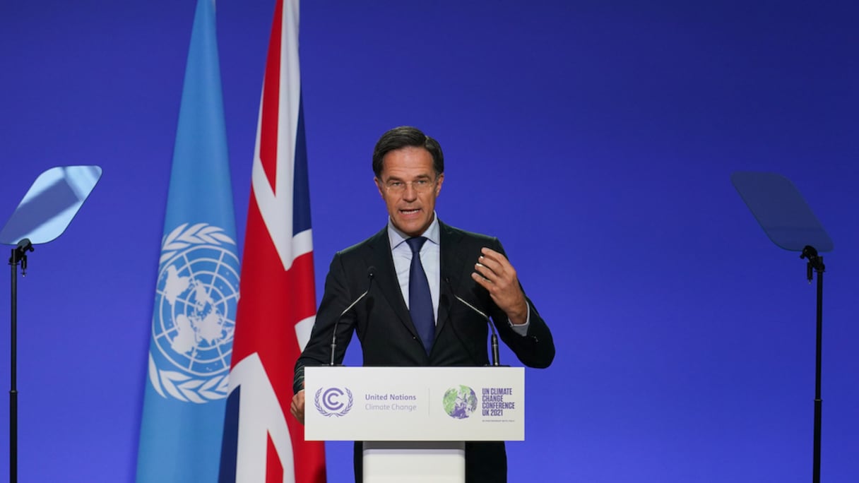 Le Premier ministre néerlandais, Mark Rutte, présente sa déclaration nationale dans le cadre du Sommet des dirigeants mondiaux de la COP26 à Glasgow, en Ecosse, le 1er novembre 2021.