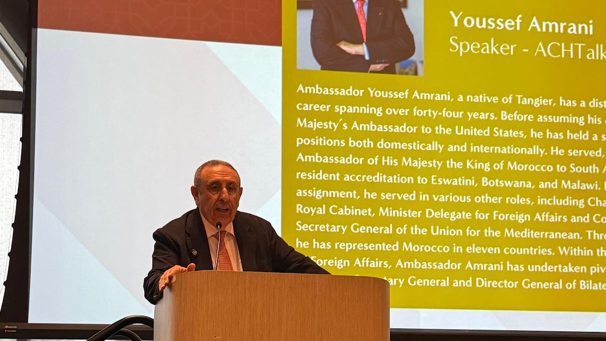 Youssef Amrani, ambassadeur du Maroc aux Etats-Unis, samedi 18 avril 2026 à l'université Harvard.