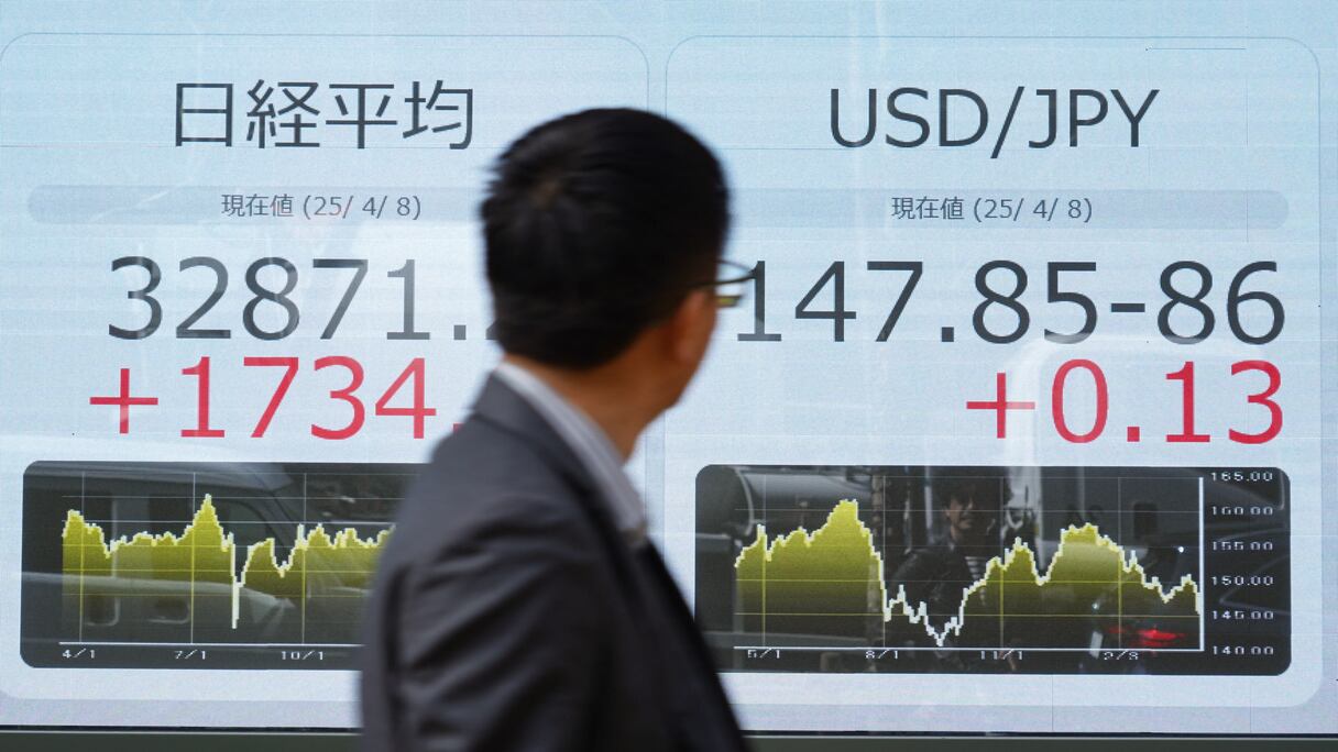 Un homme regarde un panneau électronique affichant les chiffres de l’indice Nikkei Stock Average (L) à la Bourse de Tokyo et d’un panneau de change USD/JPY (R) le long d’une rue de Tokyo, le 8 avril 2025