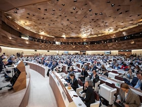 Le directeur général de l'Organisation mondiale de la santé (OMS), Tedros Adhanom Ghebreyesus, lors de l'Assemblée mondiale de la santé à Genève, le 19 mai 2025