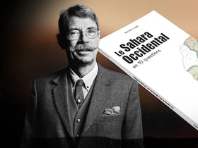 L'historien français Bernard Lugan et la couverture de son livre "Le Sahara Occidental en 10 questions".