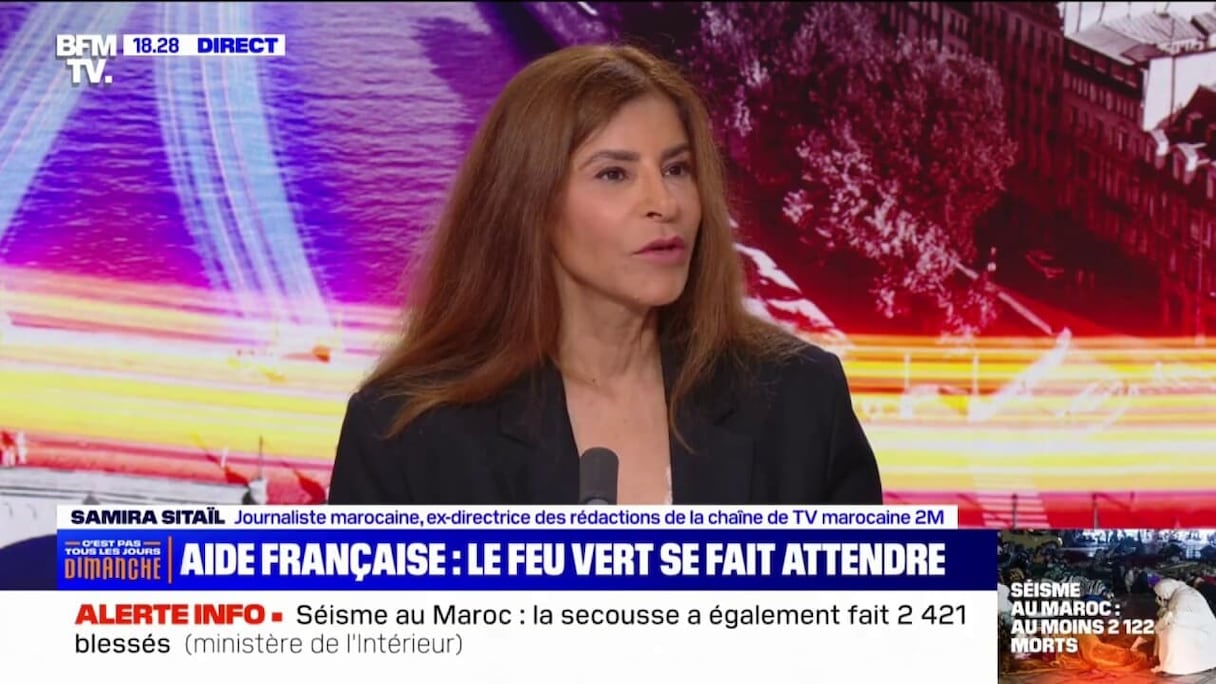 Samira Sitaïl, ancienne directrice des rédactions de 2M, invitée sur le plateau de BFMTV le 10 septembre 2023.