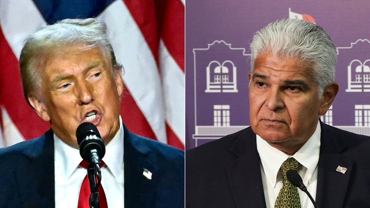 Cette combinaison d'images d'archives créées le 22 décembre 2024 montre le président américain républicain Donald Trump (à gauche) et le président panaméen José Raul Mulino lors d'une conférence de presse sur la migration au palais présidentiel de la ville de Panama le 19 décembre 2024