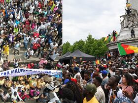Les deux rassemblements de l'opposant camerounais Maurice Kamto à Paris, le 31 mai, et à Douala, le 8 juin.