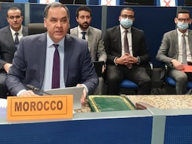 Intervention de Mohamed Arrouchi, ambassadeur représentant permanent du Royaume auprès de l’Union africaine (UA) et de la CEA-ONU, au cours d'une réunion du Conseil de paix et de sécurité (CPS), le 6 avril 2022, à Addis-Abeba.