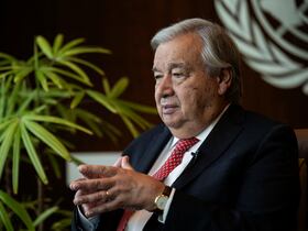 Le secrétaire général de l'ONU, Antonio Guterres, s'exprime lors d'un entretien avec l'AFP au siège des Nations unies, le 16 septembre 2024 à New York.