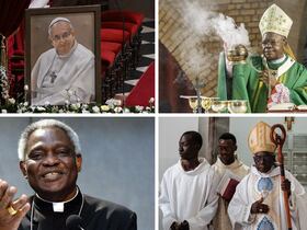 Portrait du pape François à la basilique St Stefan de Budapest, le cardinal Fridolin Ambongo (RDC), le cardinal Peter Turkson (Ghana) et le cardinal Robert Sarah (Guinée).
