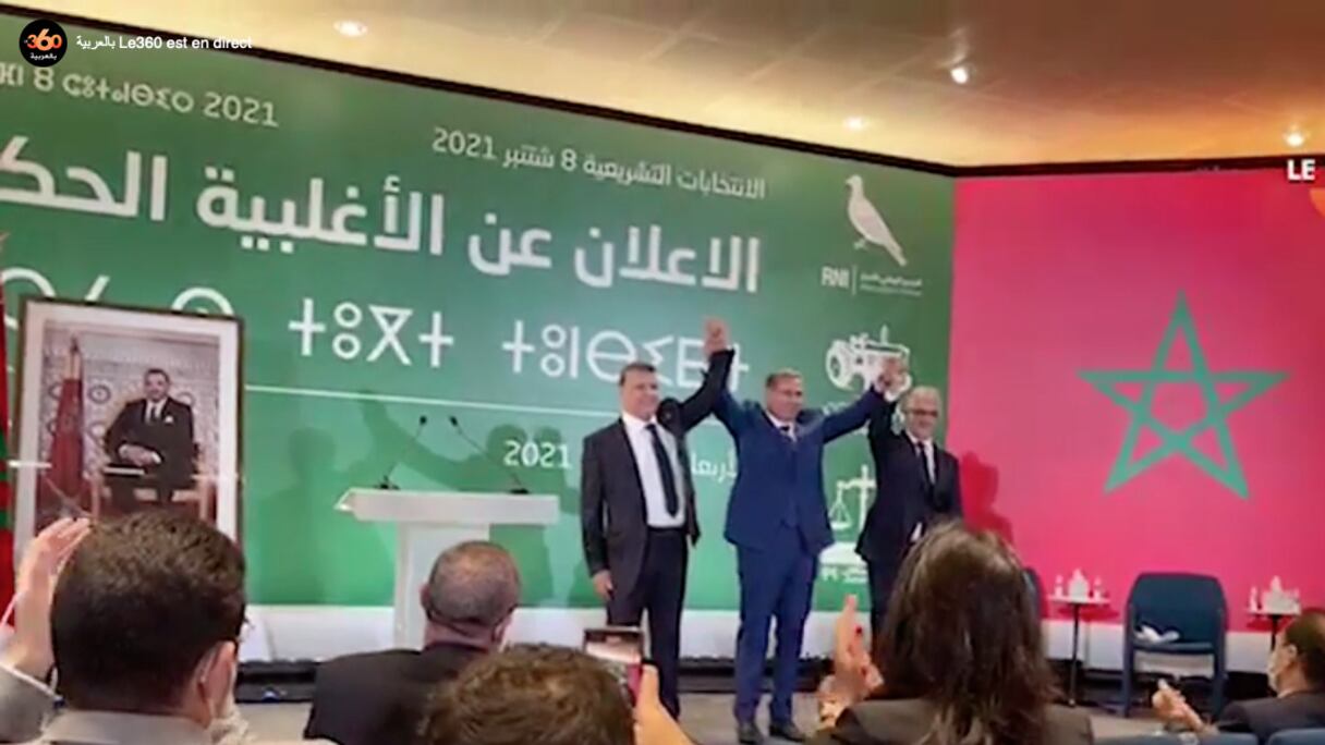 Aziz Akhannouch, Abdellatif Ouahbi (à gauche) et Nizar Baraka, au siège du RNI, le 22 septembre 2021.