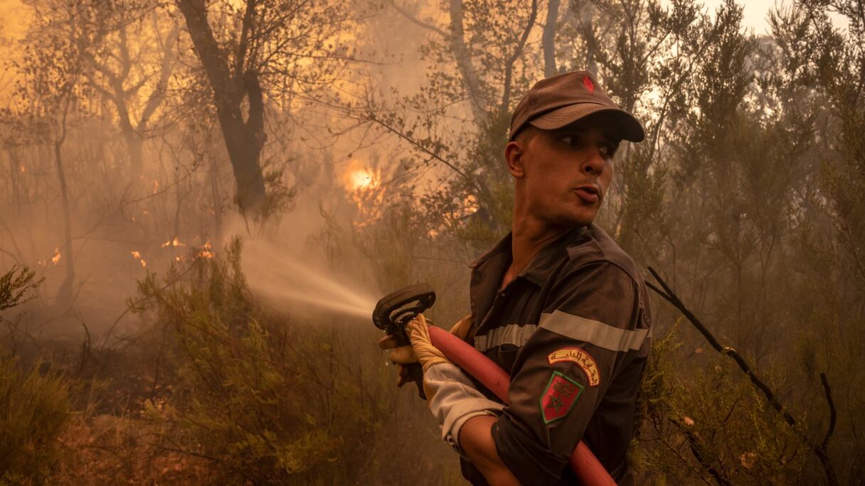 Un élément de la Protection civile en lutte contre les flammes ayant ravagé des forêts au nord du Maroc, à Larache, le 15 juillet 2022.