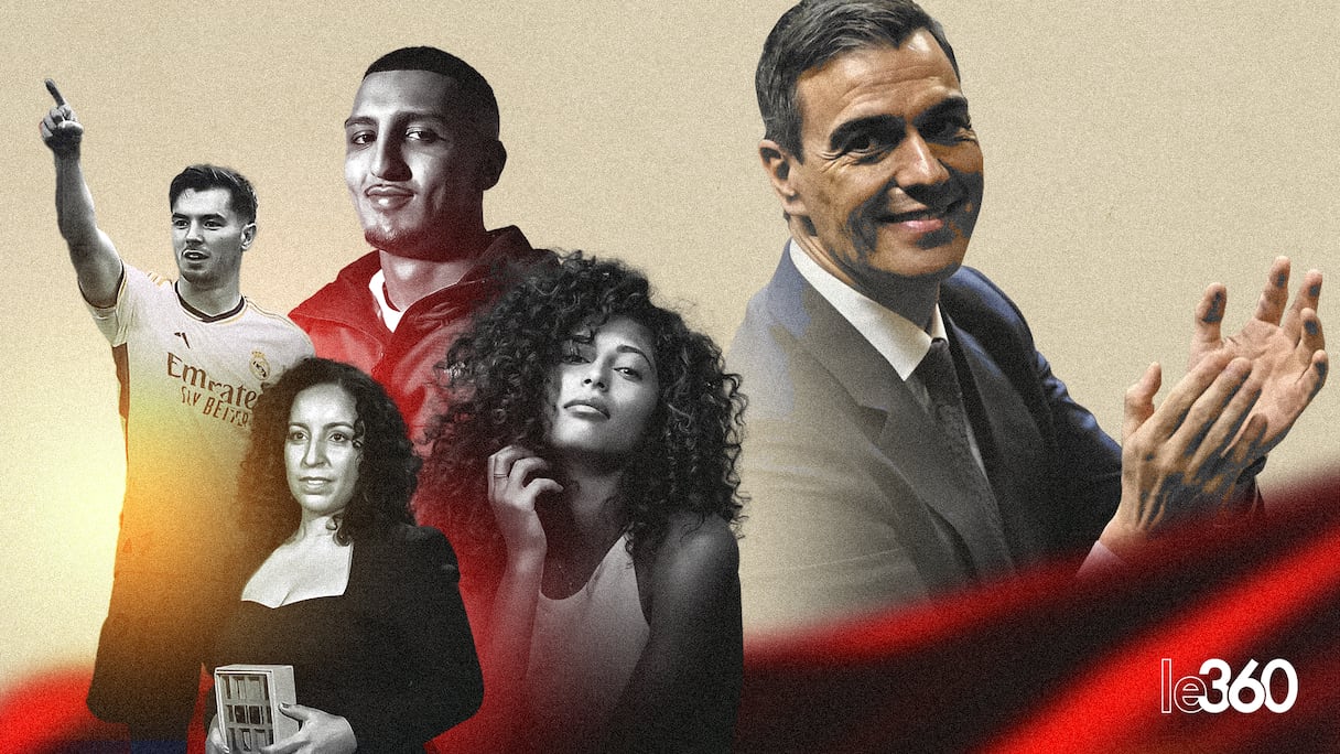 Les stars marocaines Brahim Diaz, Morad, Najat Hachmi et Mina El Hammani. A droite, le président du gouvernement espagnol Pedro Sanchez. (Crédit: Walid Belfkih/Le360).